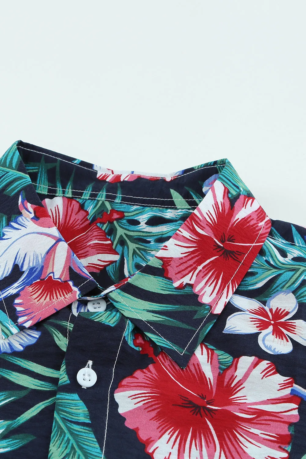 Black Men's Floral Leaves Print Buttoned Short Sleeve Shirt