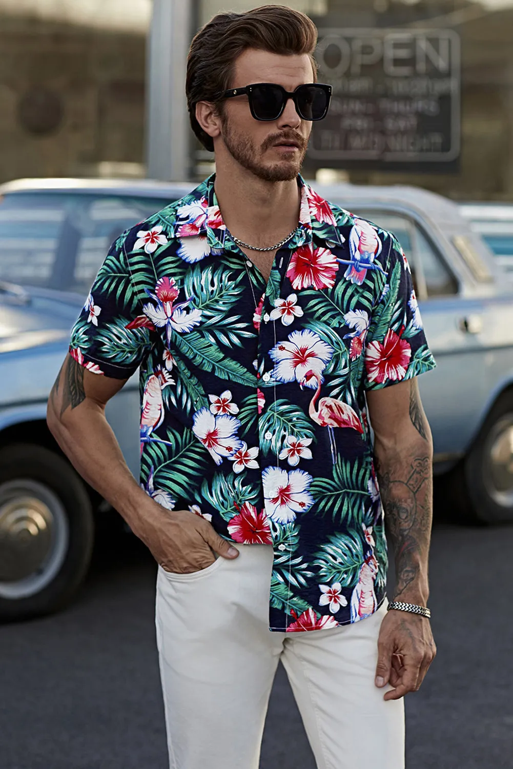 Black Men's Floral Leaves Print Buttoned Short Sleeve Shirt