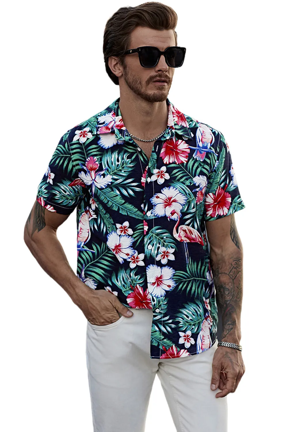 Black Men's Floral Leaves Print Buttoned Short Sleeve Shirt