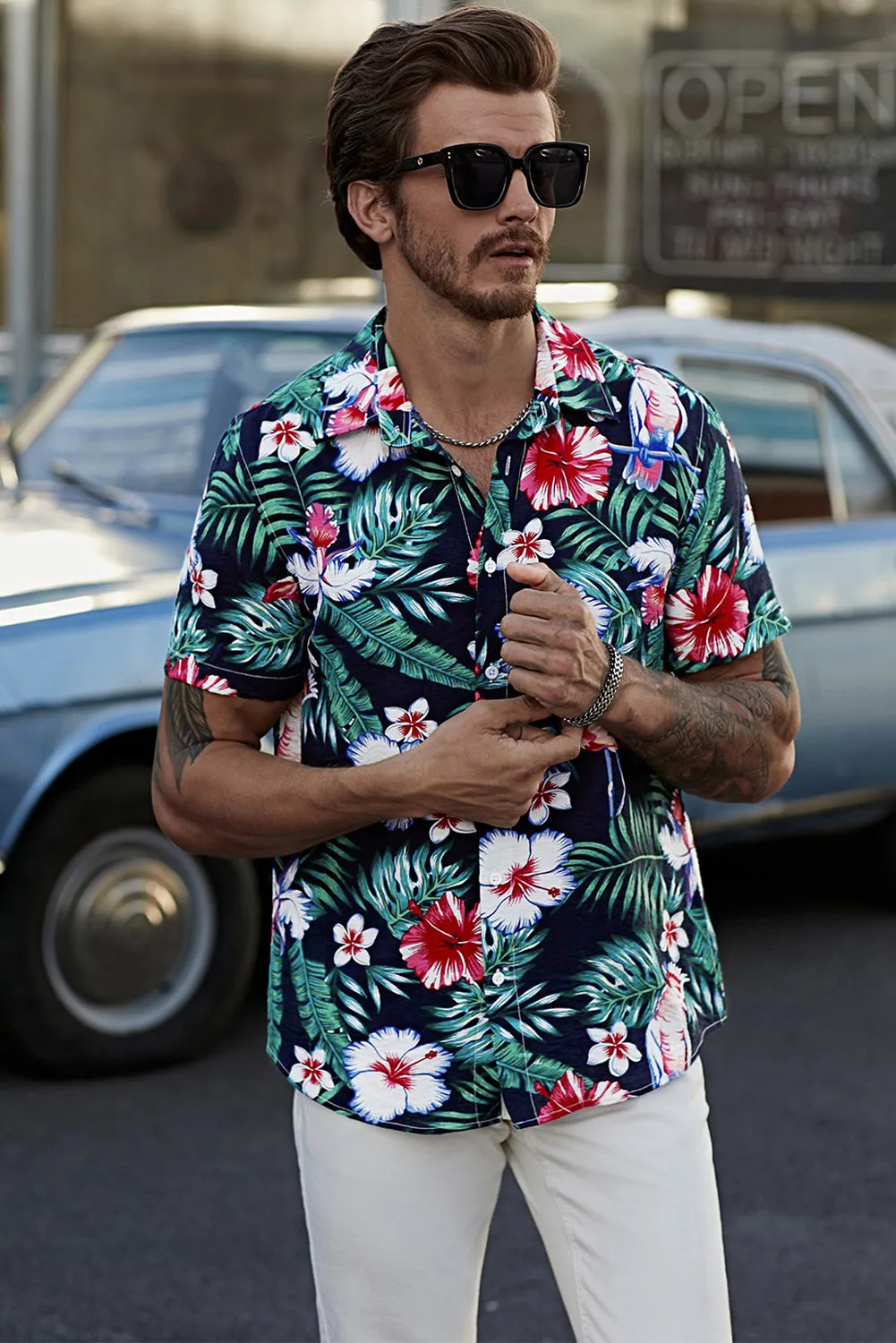 Black Men's Floral Leaves Print Buttoned Short Sleeve Shirt
