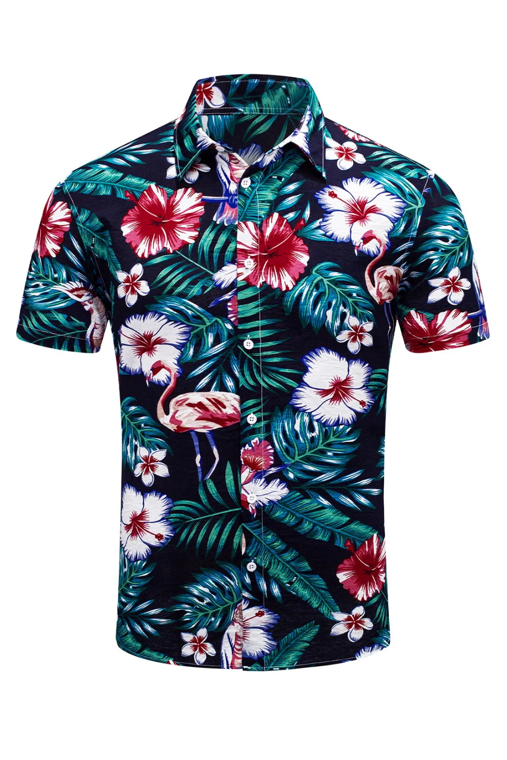 Black Men's Floral Leaves Print Buttoned Short Sleeve Shirt