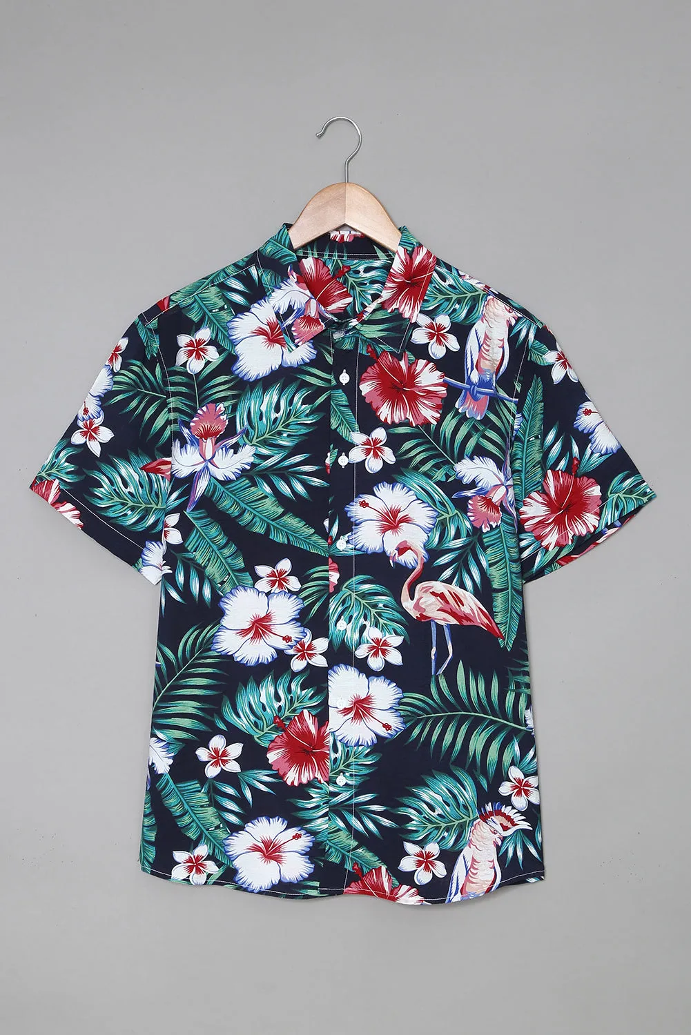Black Men's Floral Leaves Print Buttoned Short Sleeve Shirt