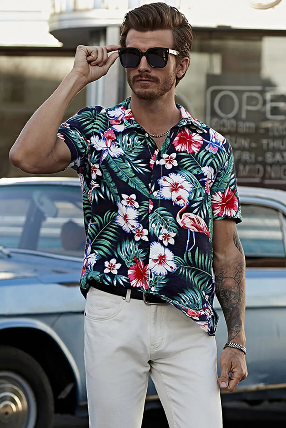 Black Men's Floral Leaves Print Buttoned Short Sleeve Shirt