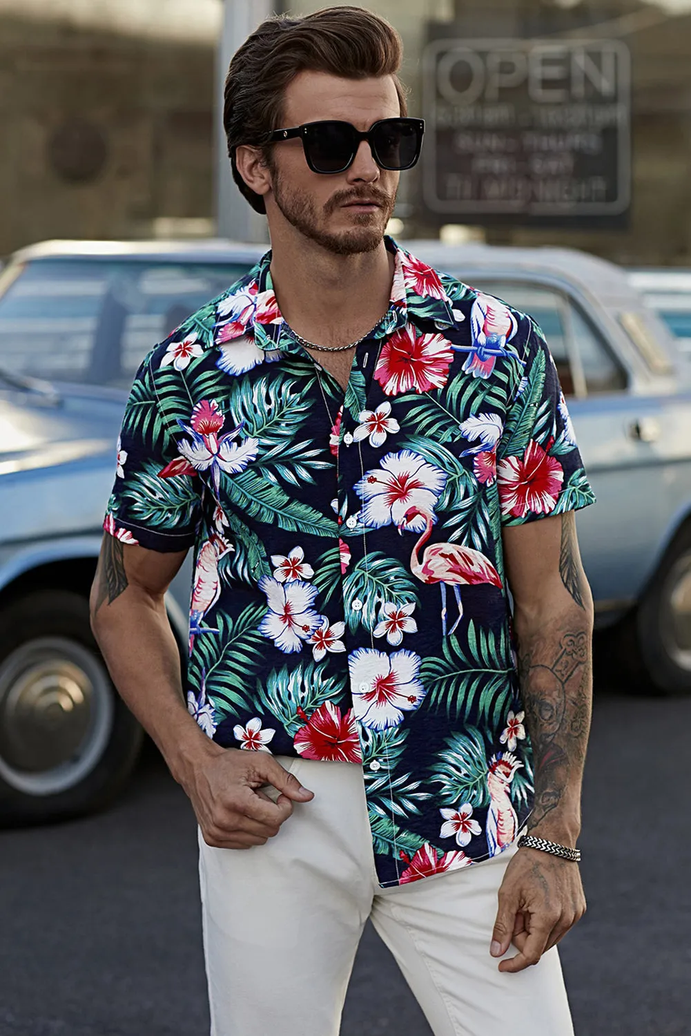 Black Men's Floral Leaves Print Buttoned Short Sleeve Shirt