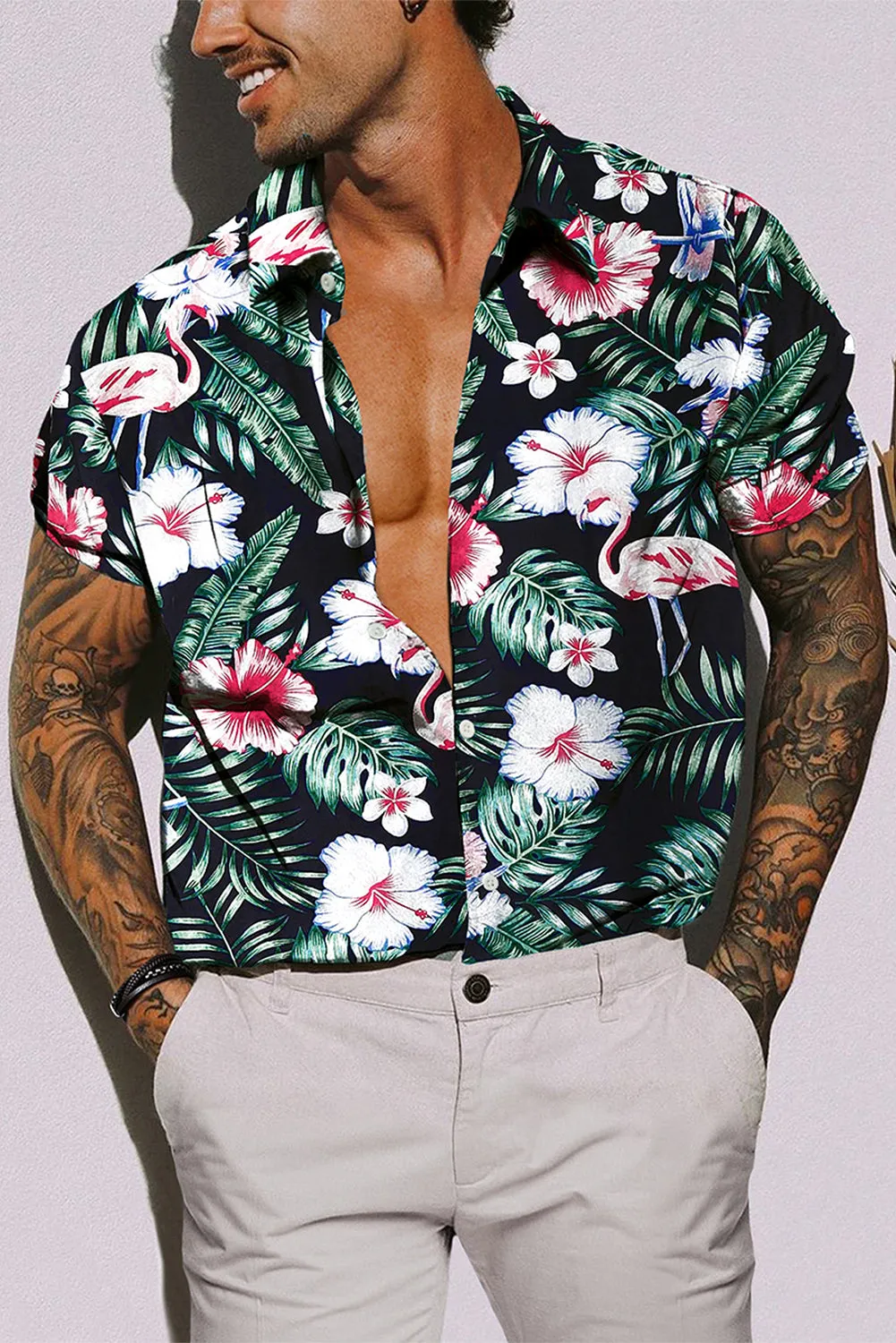 Black Men's Floral Leaves Print Buttoned Short Sleeve Shirt