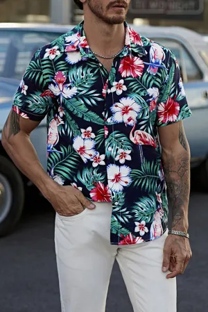 Black Men's Floral Leaves Print Buttoned Short Sleeve Shirt