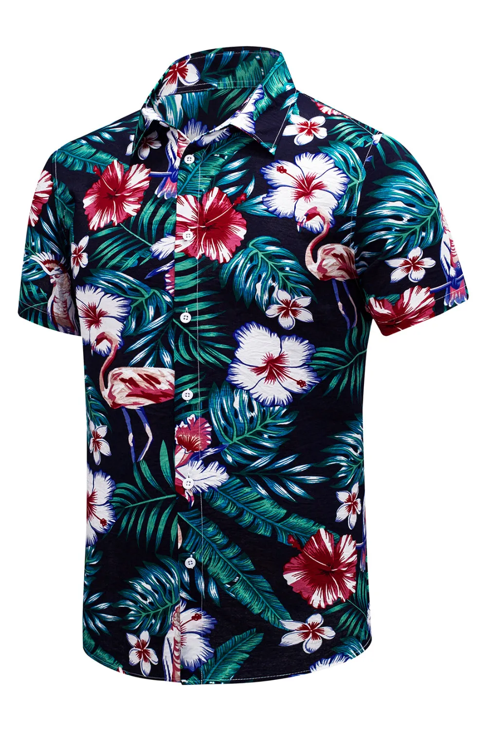 Black Men's Floral Leaves Print Buttoned Short Sleeve Shirt