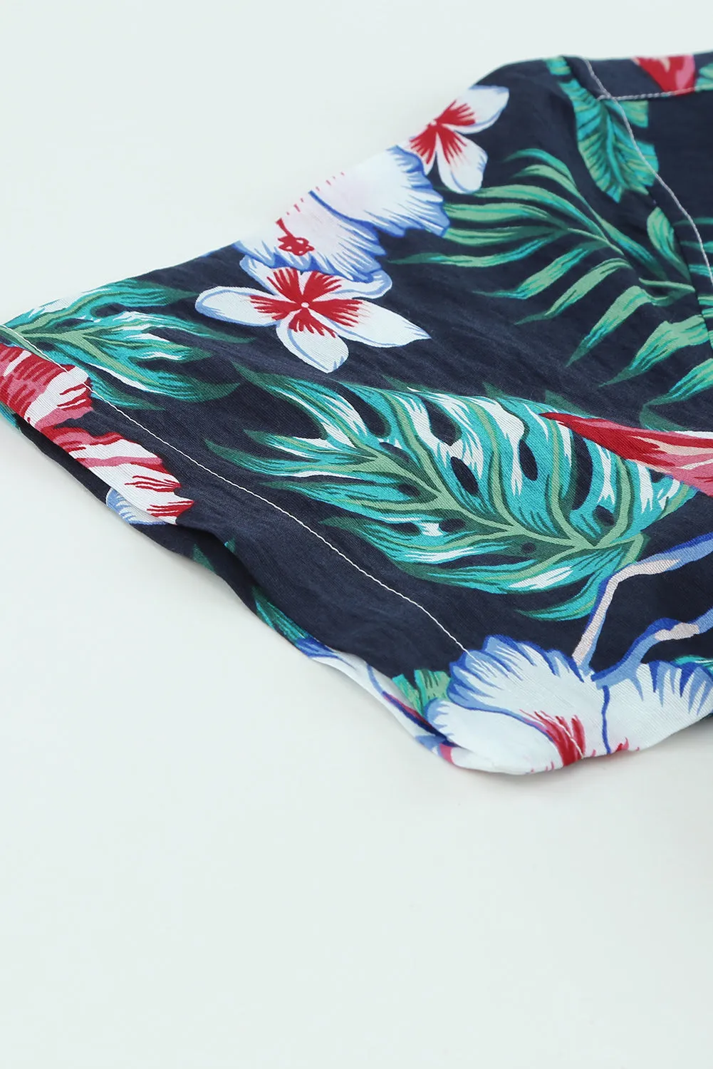 Black Men's Floral Leaves Print Buttoned Short Sleeve Shirt