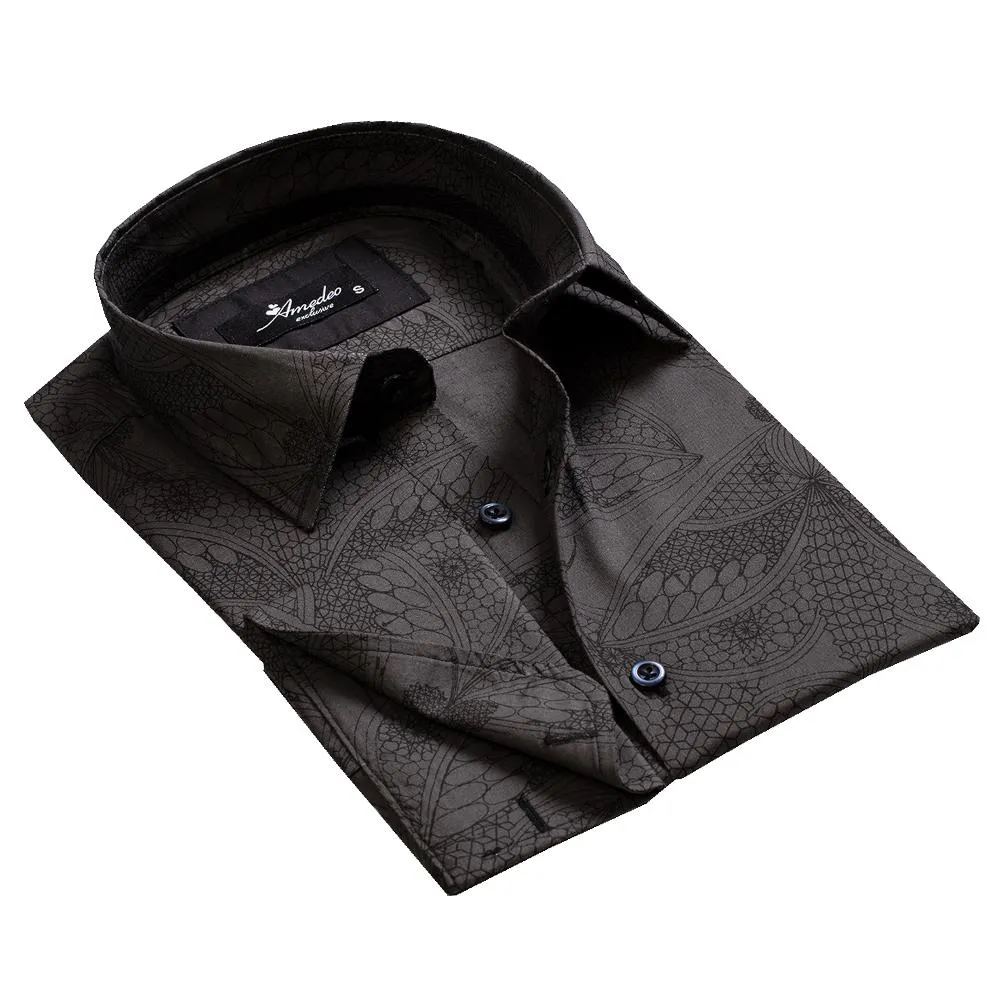 Black Paisley Mens Slim Fit French Cuff Shirts with Cufflink Holes - Casual and Formal