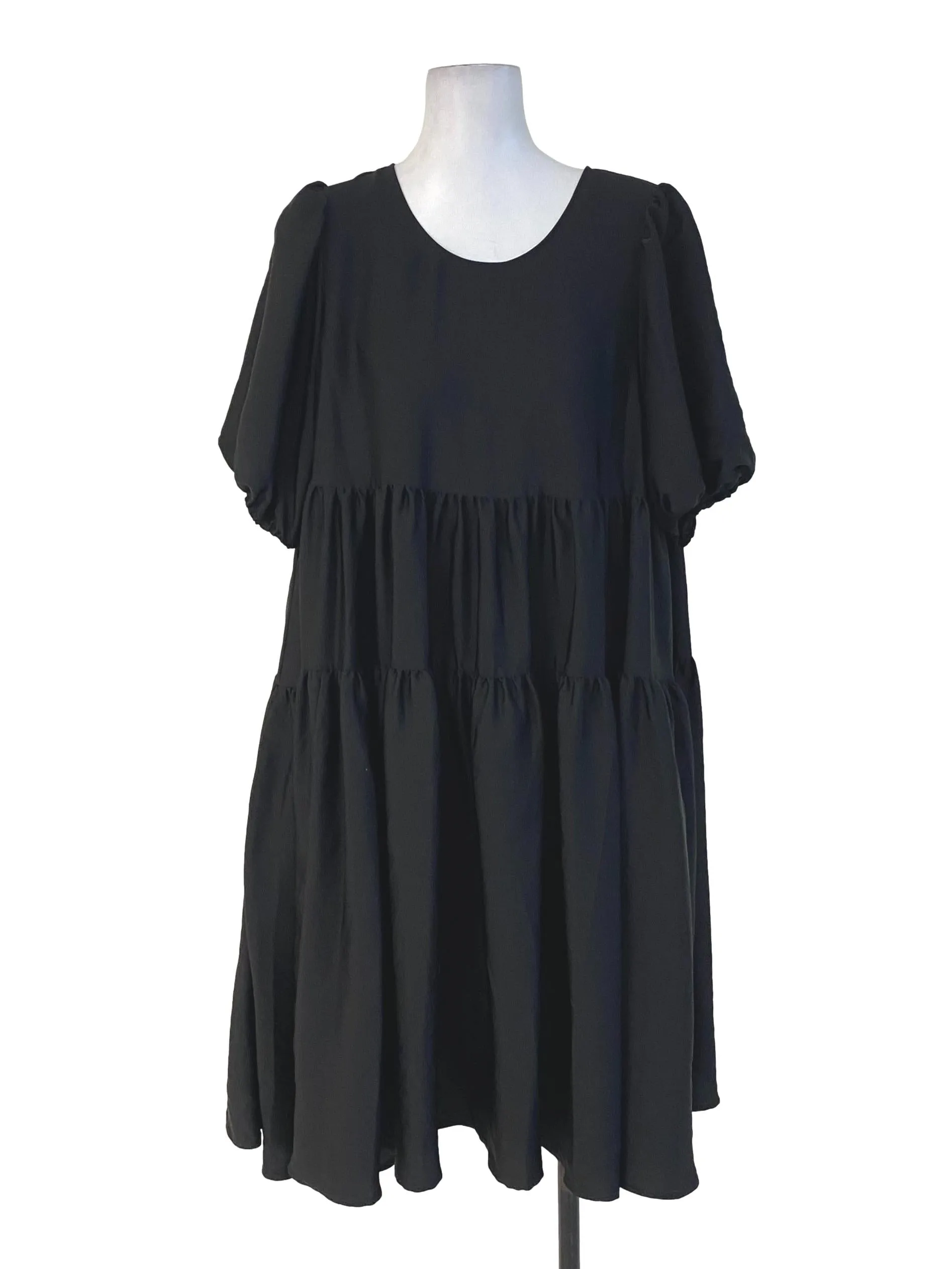 Black Plain Satin Ruffle Dress