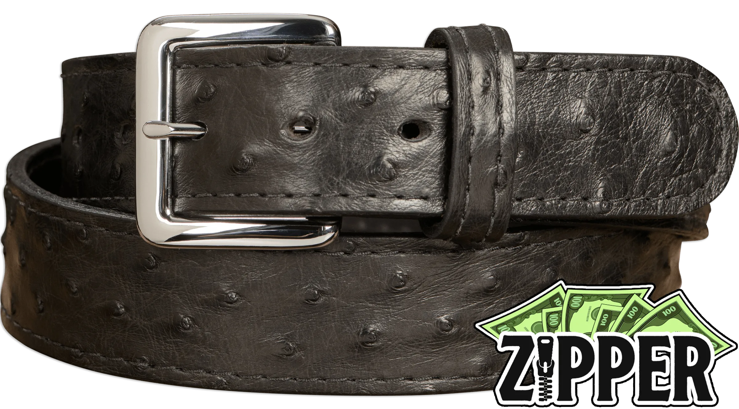 Black South African Ostrich Skin Money Belt With 25" Zipper