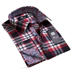 Black White And Red Nova Plaid Mens Slim Fit French Cuff Shirts with Cufflink Holes - Casual and Formal