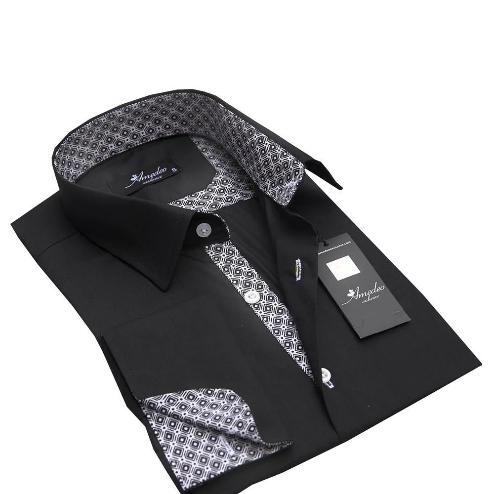 Black With Checkers Mens Slim Fit French Cuff Shirts with Cufflink Holes - Casual and Formal