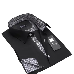 Black With Checkers Mens Slim Fit French Cuff Shirts with Cufflink Holes - Casual and Formal