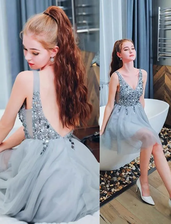 Bling A Line V Neck Light Blue Short Homecoming Dresses With Beading  HD0085