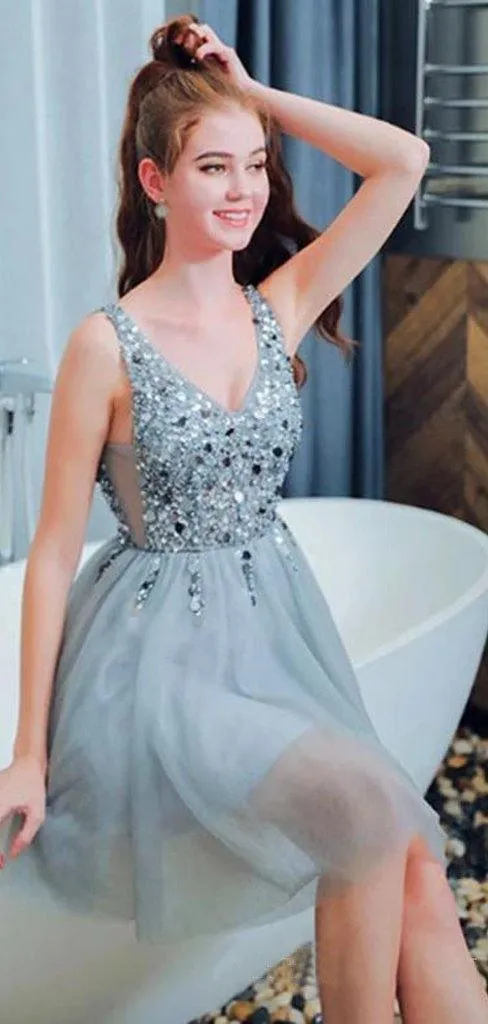 Bling A Line V Neck Light Blue Short Homecoming Dresses With Beading  HD0085