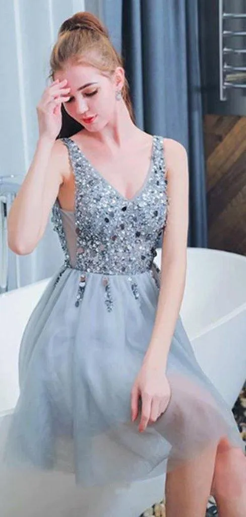 Bling A Line V Neck Light Blue Short Homecoming Dresses With Beading  HD0085