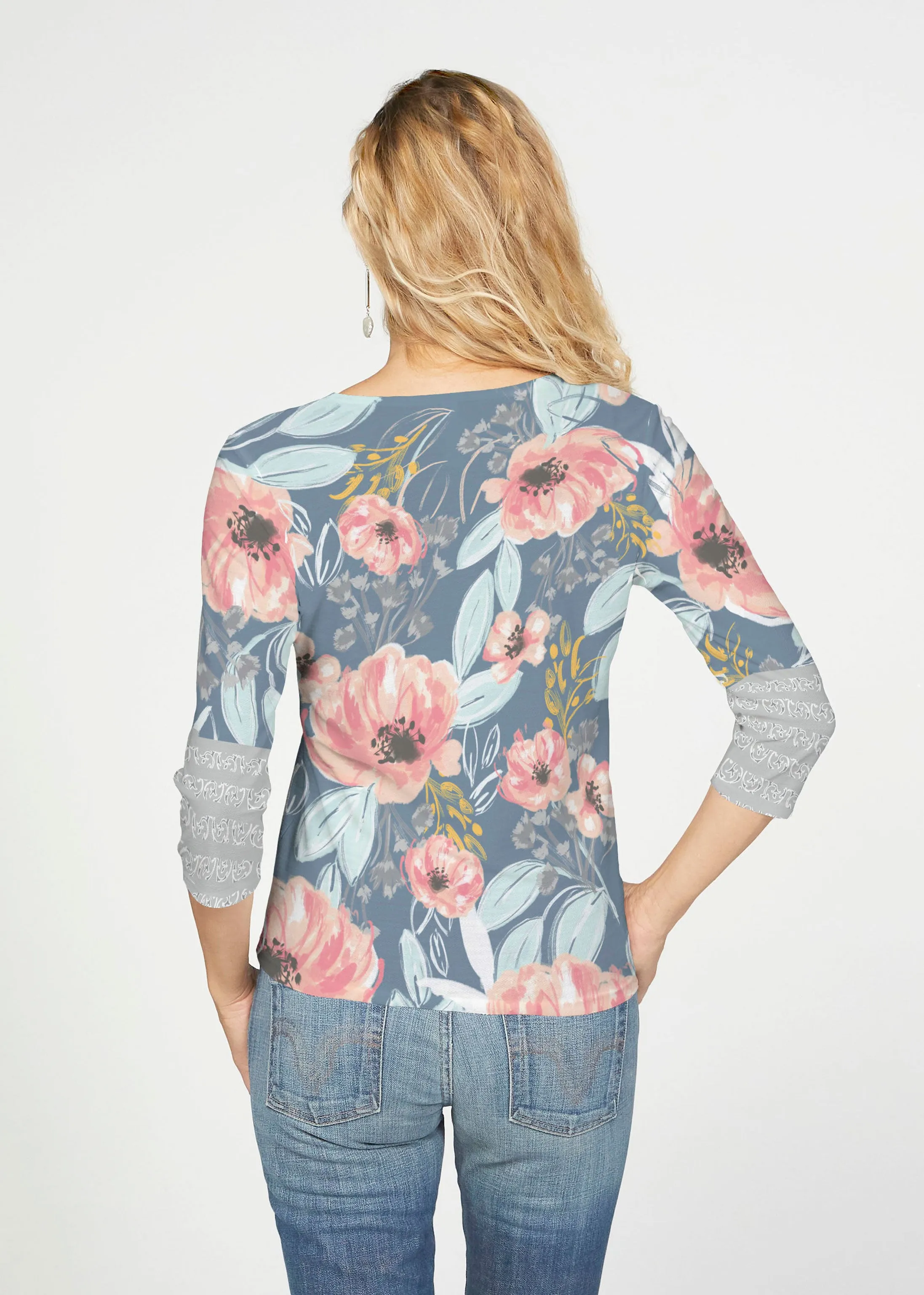 Blossoming Blooms (16226) ~ French Terry Tie 3/4 Sleeve Top