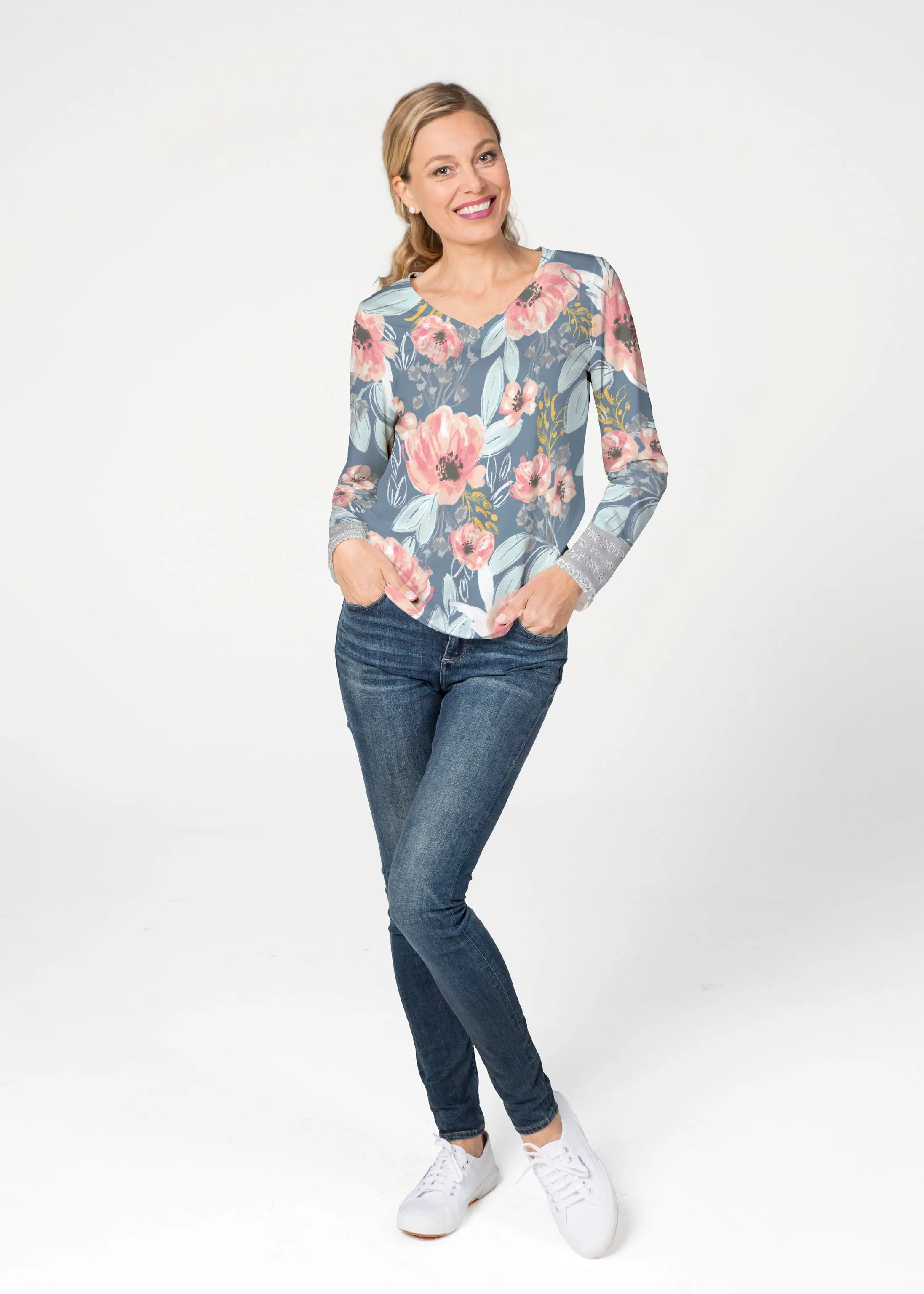 Blossoming Blooms (16226) ~ French Terry V-neck Top