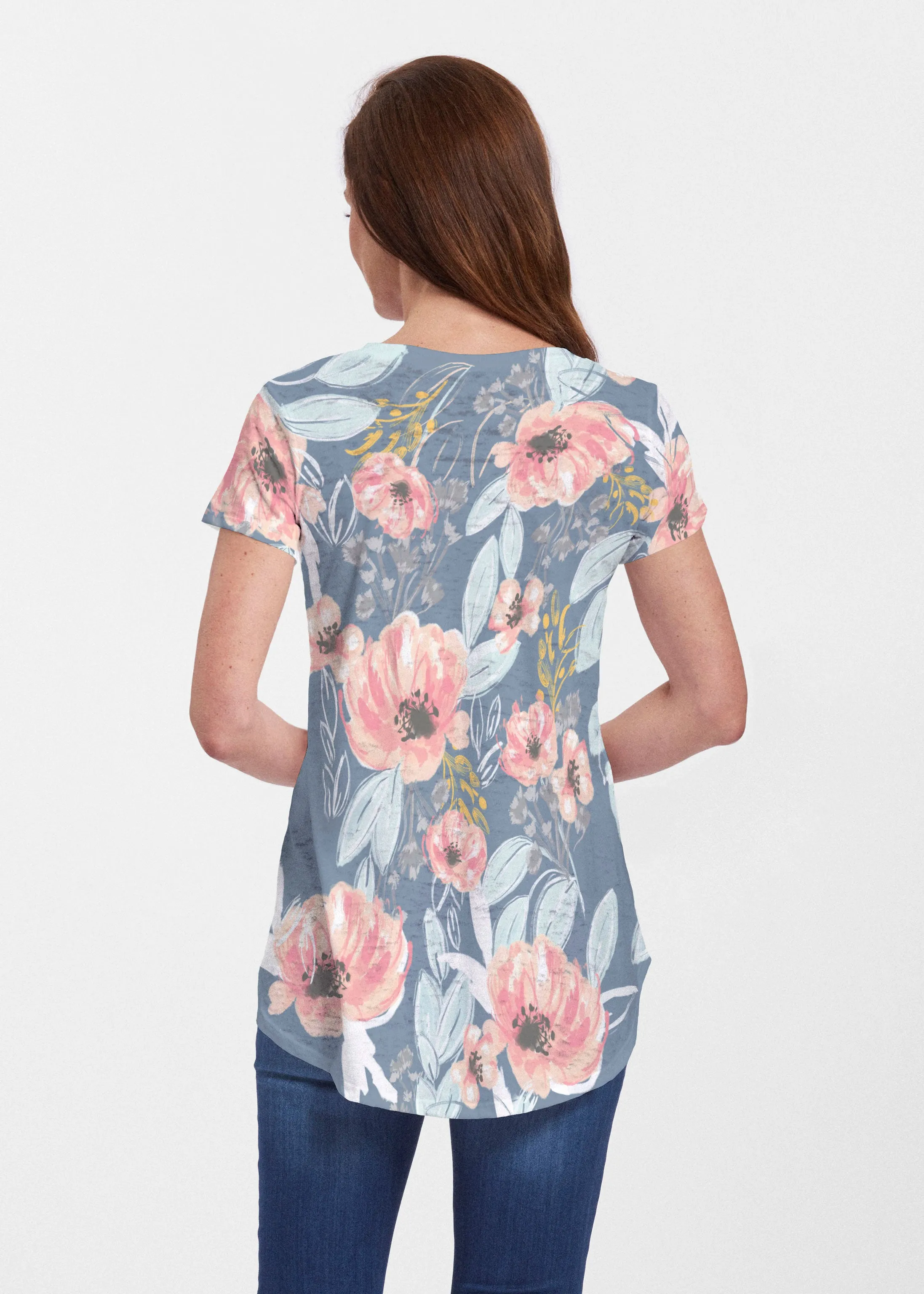 Blossoming Blooms (16226) ~ Short Sleeve Scoop Neck Flowy Tunic
