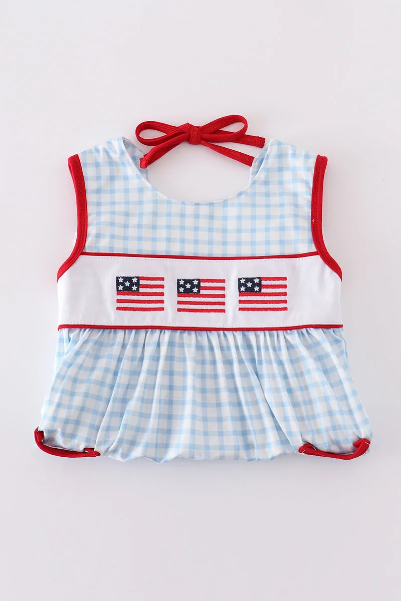 Blue Flag Embroidery Gingham Dress