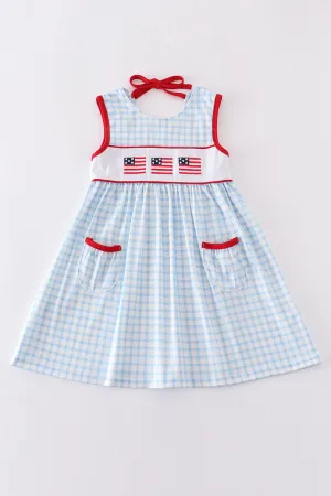 Blue Flag Embroidery Gingham Dress