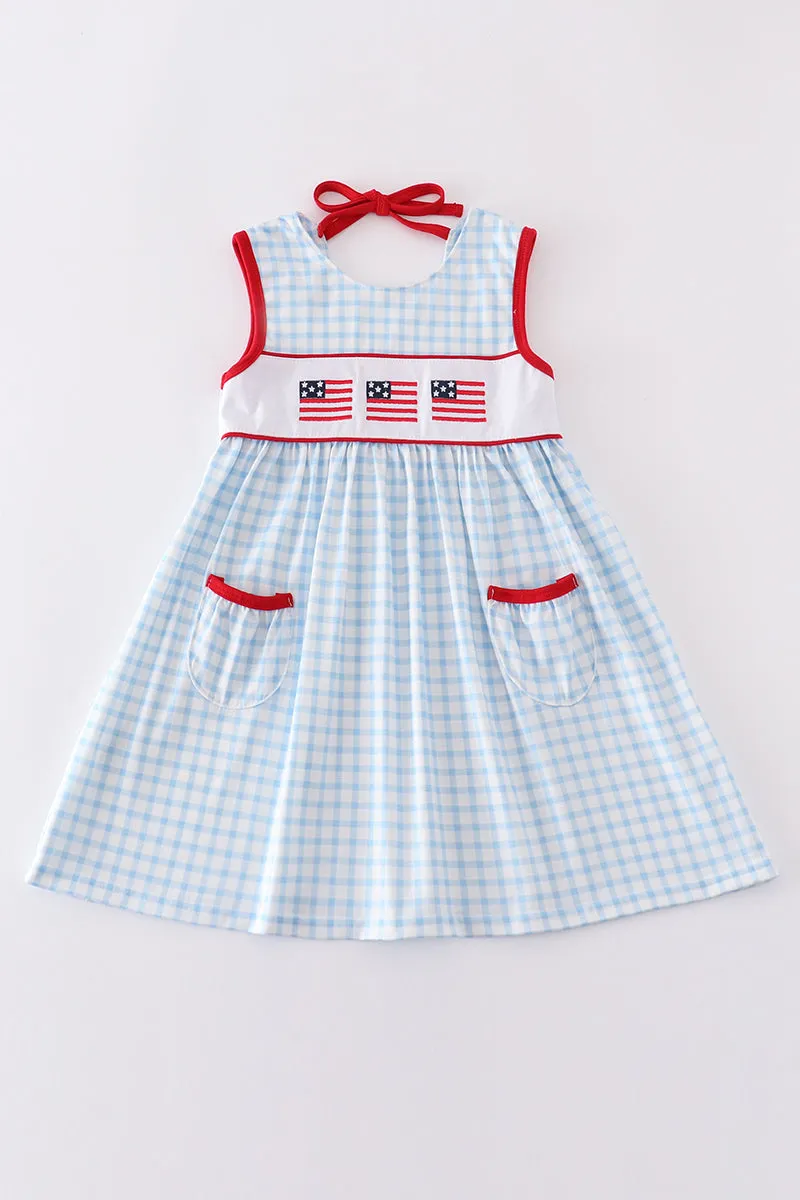 Blue Flag Embroidery Gingham Dress