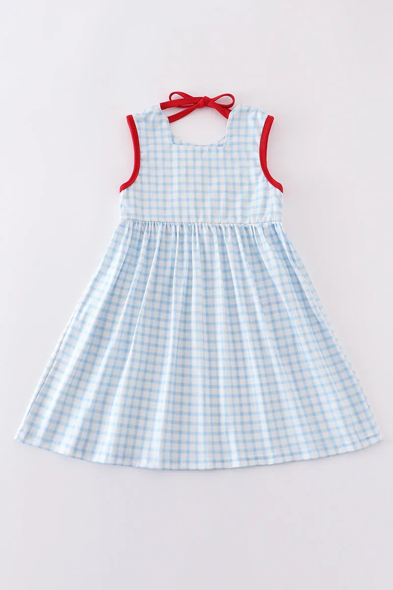 Blue Flag Embroidery Gingham Dress