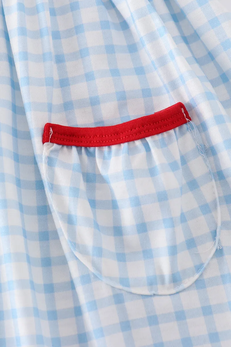 Blue Flag Embroidery Gingham Dress