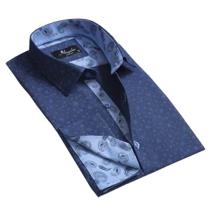 Blue Floral Mens Slim Fit French Cuff Shirts with Cufflink Holes - Casual and Formal