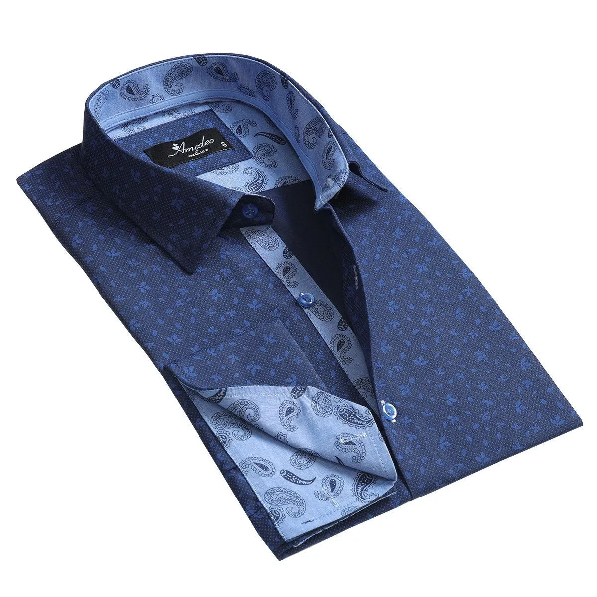 Blue Floral Mens Slim Fit French Cuff Shirts with Cufflink Holes - Casual and Formal