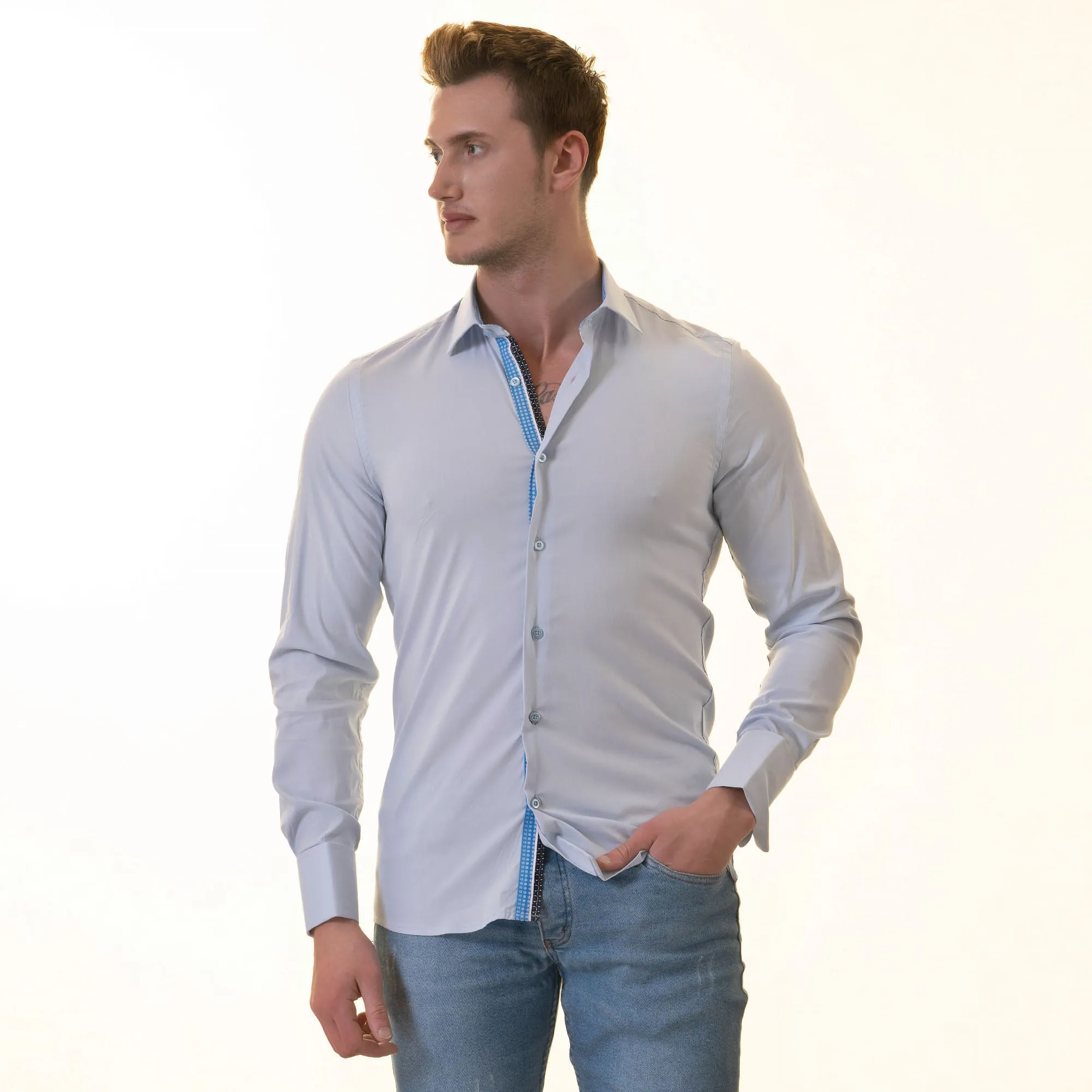 Blue inside Blue White Polka Dot Mens Slim Fit Designer French Cuff Shirt