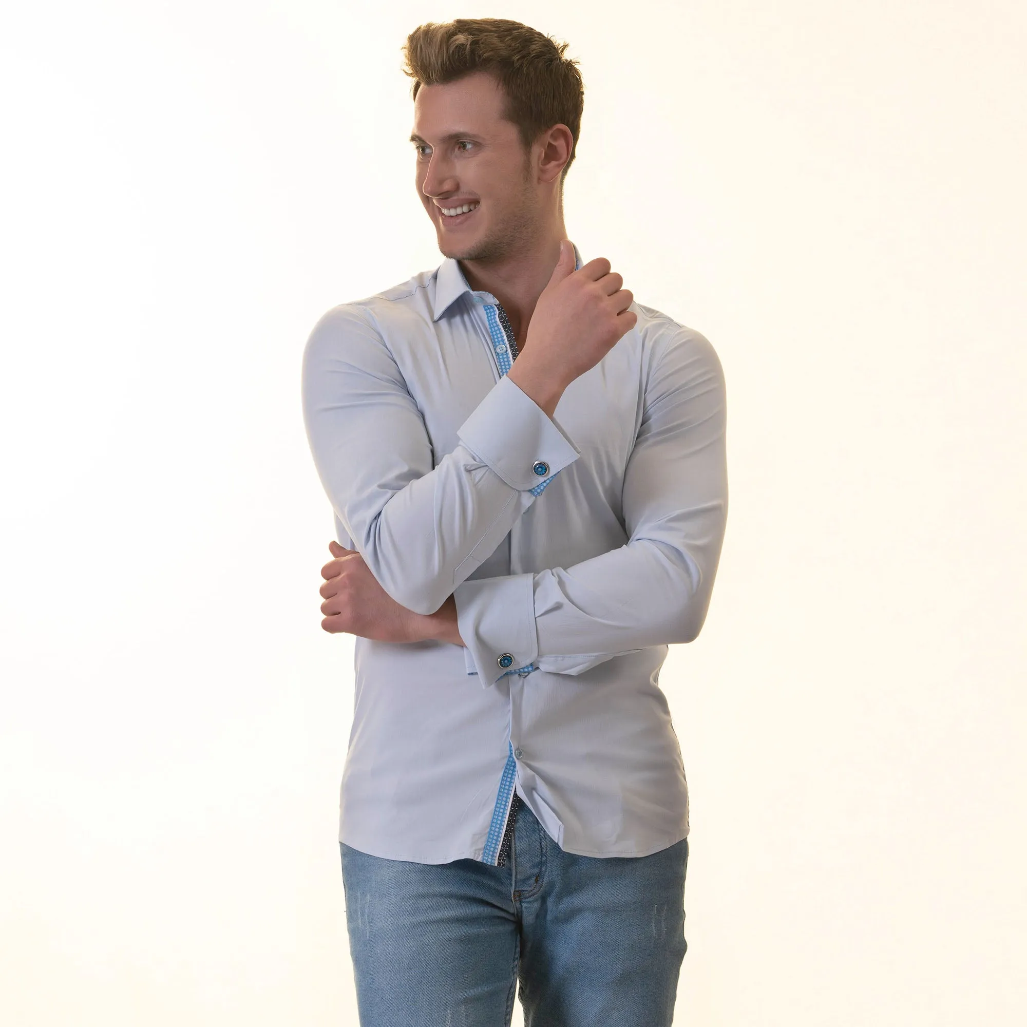 Blue inside Blue White Polka Dot Mens Slim Fit Designer French Cuff Shirt