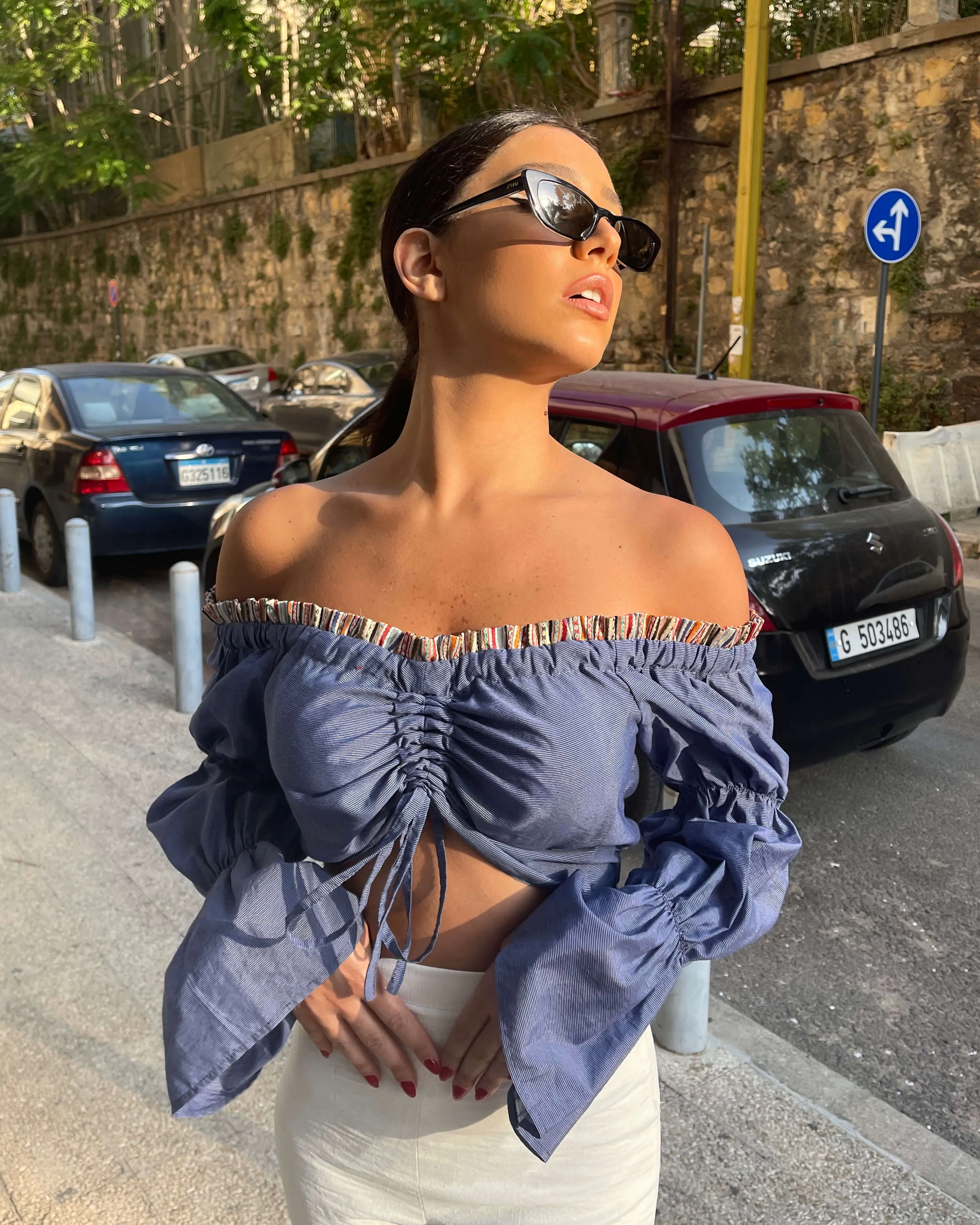 Blue Off-the-Shoulder Crop Top