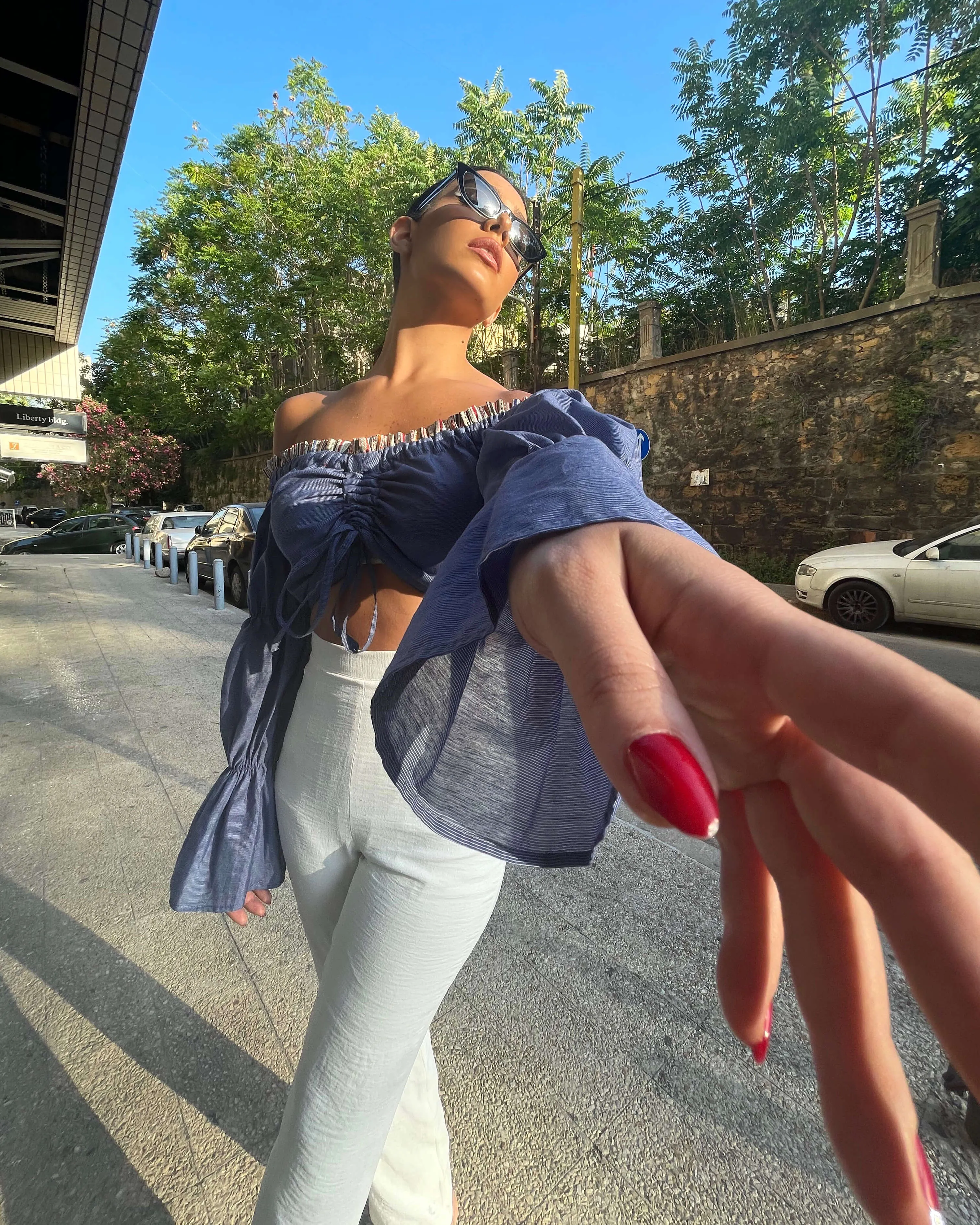 Blue Off-the-Shoulder Crop Top
