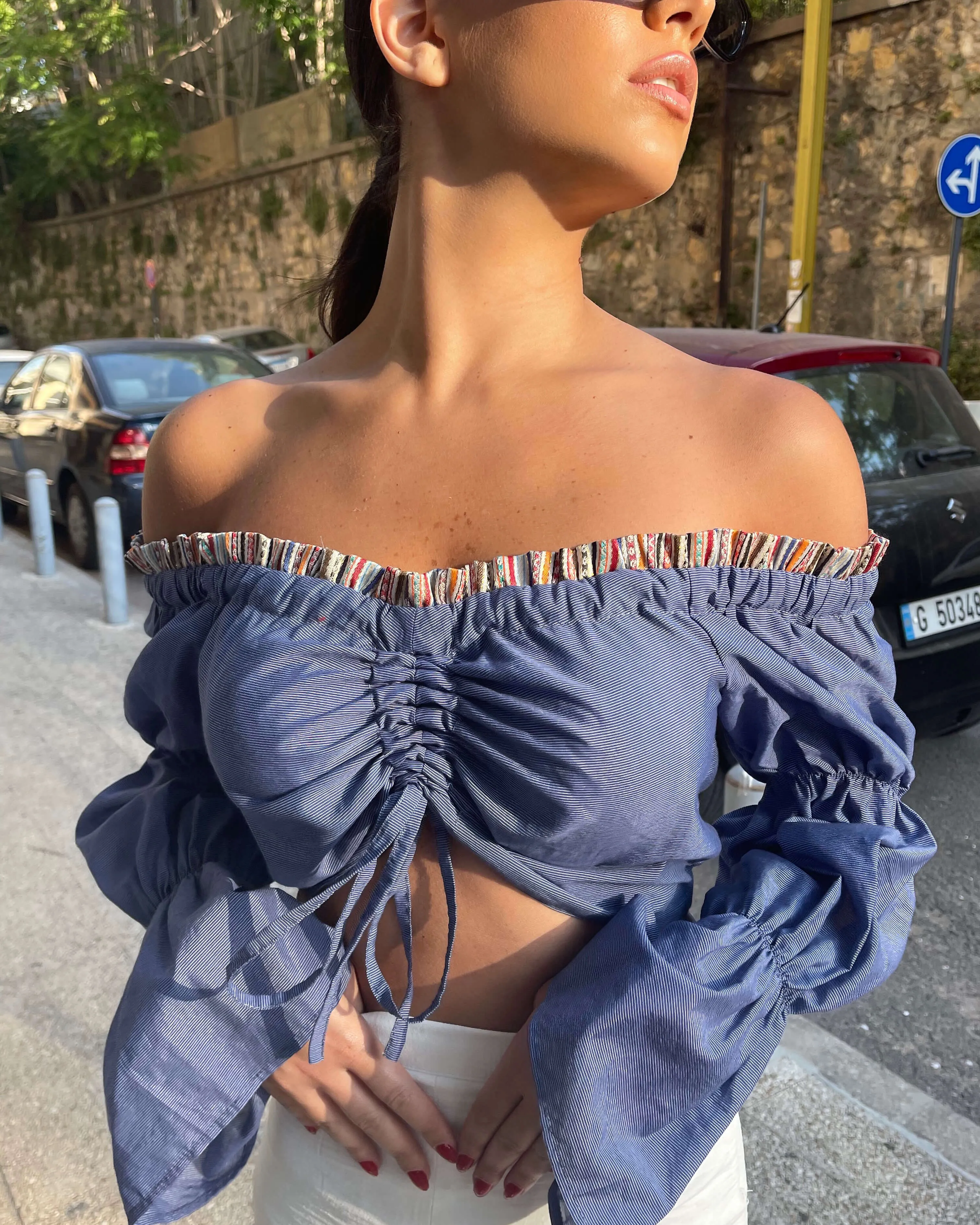 Blue Off-the-Shoulder Crop Top