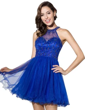 Blue Short Tulle Beading Homecoming Dress