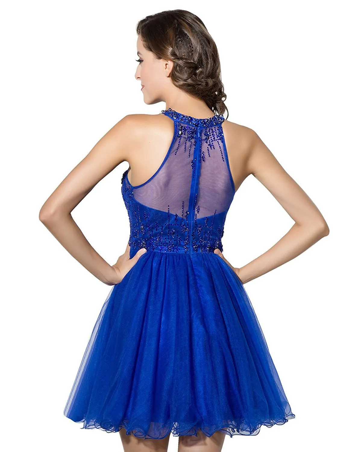 Blue Short Tulle Beading Homecoming Dress