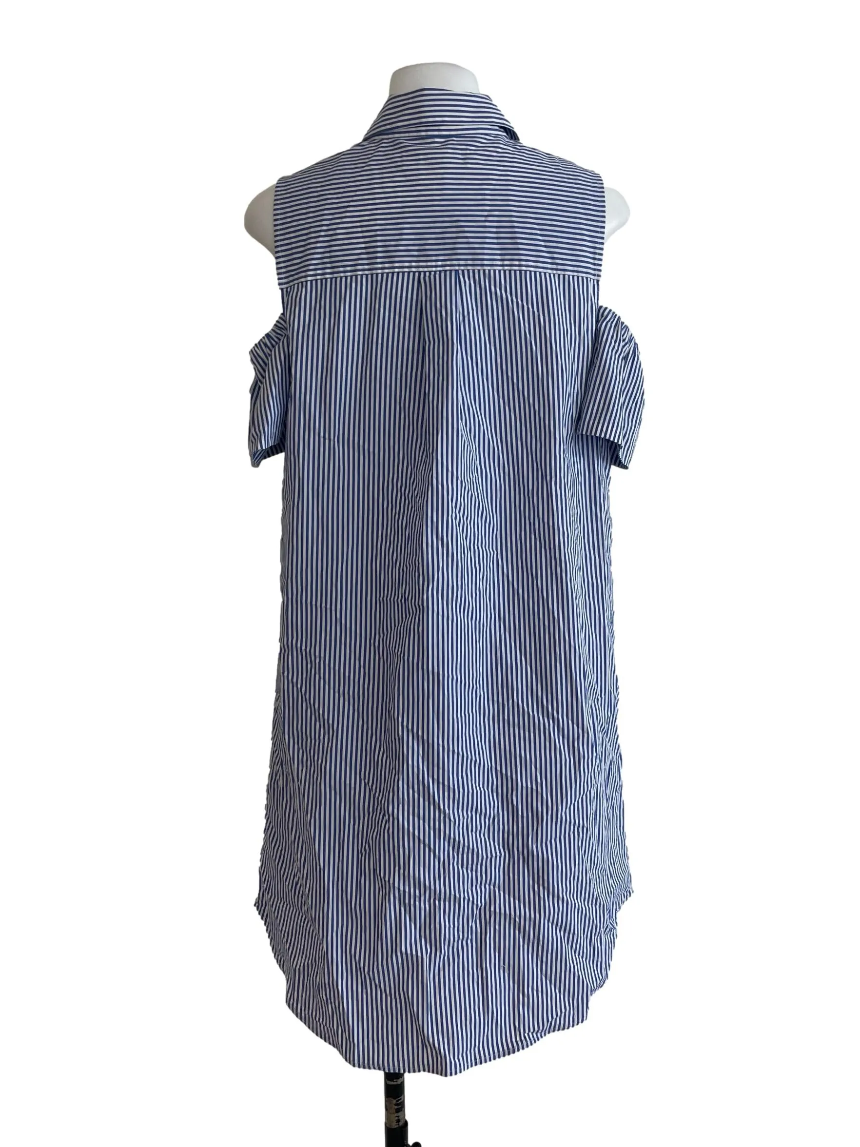 Blue Strip Ruffle Cold Shoulder Dress