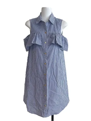 Blue Strip Ruffle Cold Shoulder Dress