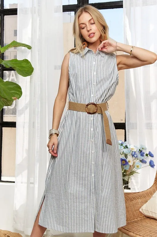 Blue Striped Button Down Sleeveless Midi Dress