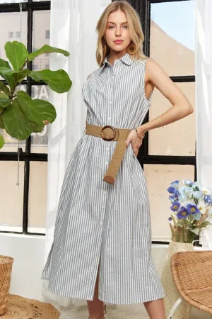 Blue Striped Button Down Sleeveless Midi Dress