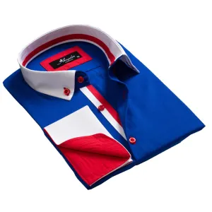 Blue White Red Mens Slim Fit French Cuff Shirts with Cufflink Holes - Casual and Formal