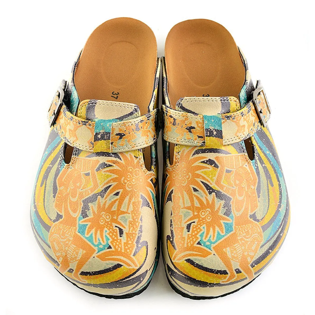 Blue, Yellow and Tropicak Girl Patterned Clogs - CAL314