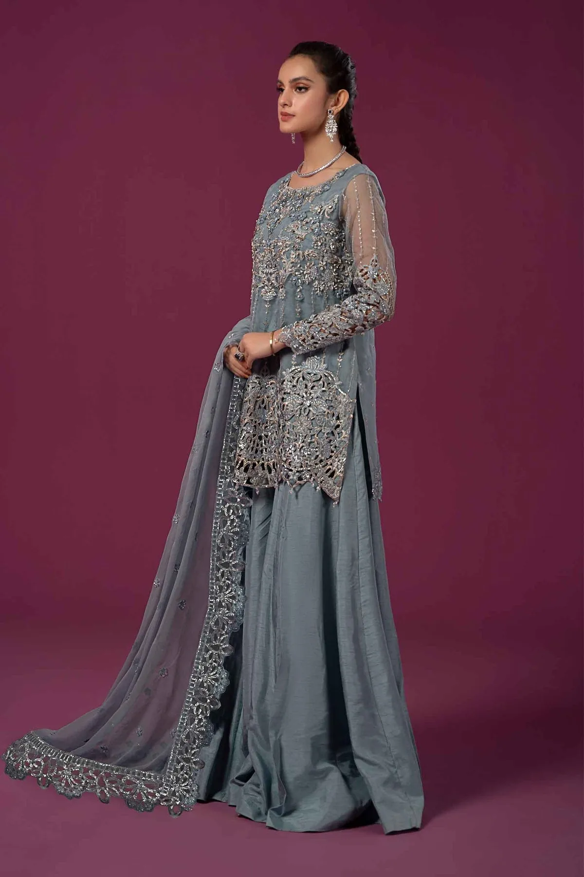 Bluish Grey Embroidered Maria B Luxury Formal Pakistani Salwar Suit