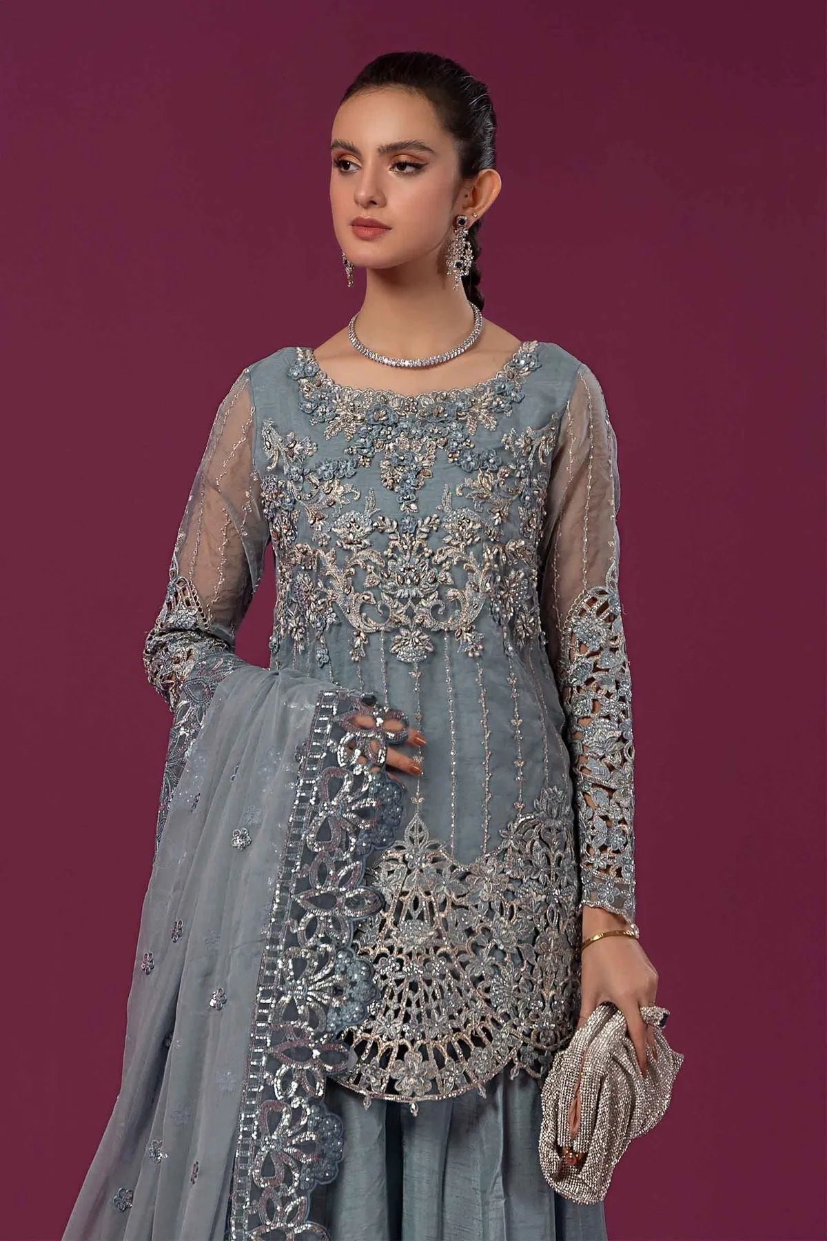Bluish Grey Embroidered Maria B Luxury Formal Pakistani Salwar Suit