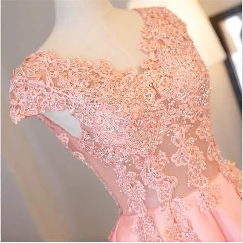Blush Pink A Line Cap Sleeves Appliques Long Prom Dresses TP0844