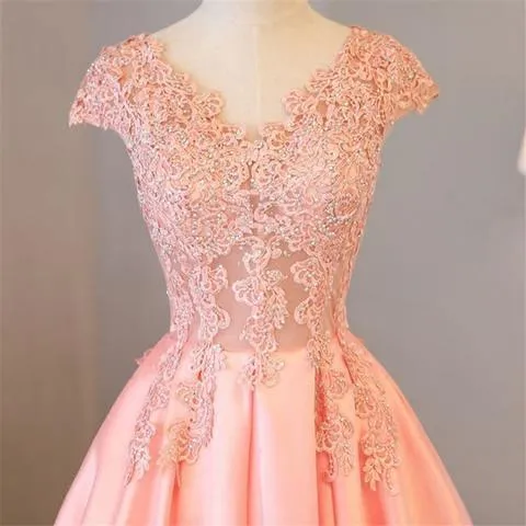 Blush Pink A Line Cap Sleeves Appliques Long Prom Dresses TP0844