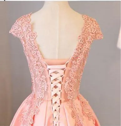 Blush Pink A Line Cap Sleeves Appliques Long Prom Dresses TP0844