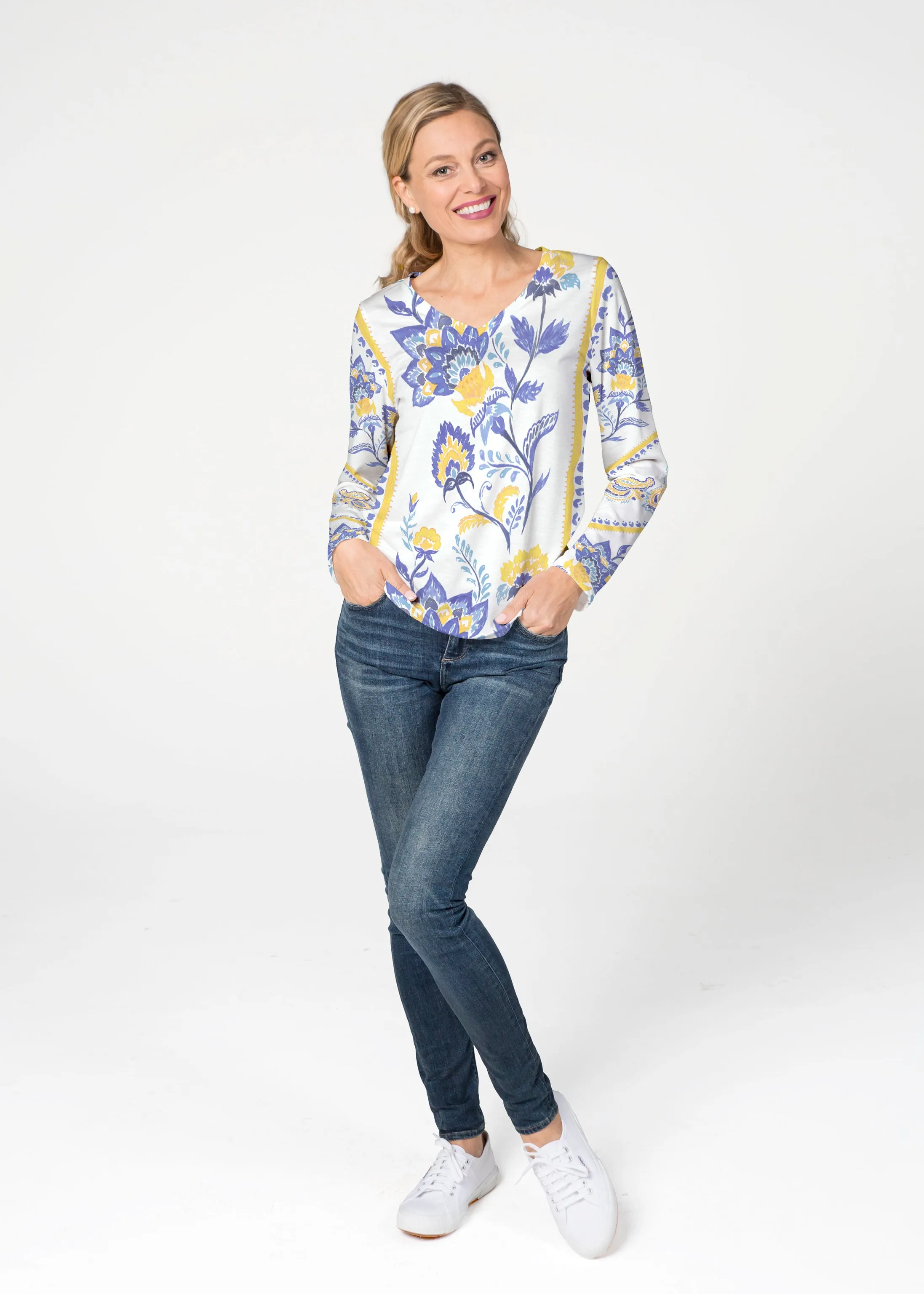 Bohemian Chintz Yellow (7898) ~ French Terry V-neck Top